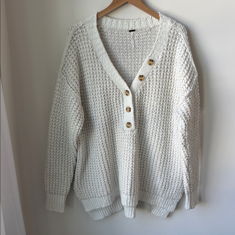 Free People Whistle Wool Blend Thermal Henley Sweater Top Cream Oversized Size M
